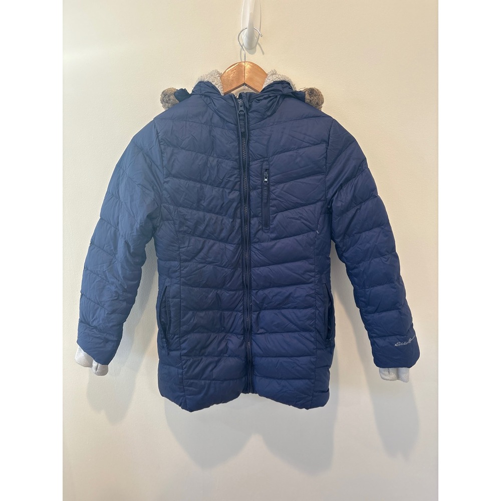 Eddie Bauer Kids Down Puffer Jacket Hooded Sherpa Lined Navy Blue Size S 7 8